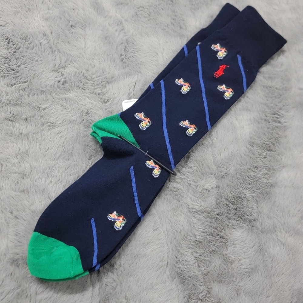 Polo Ralph Lauren Socks Mens 10-13 Blue Striped Pony Boat Shoes Cotton Mid Calf